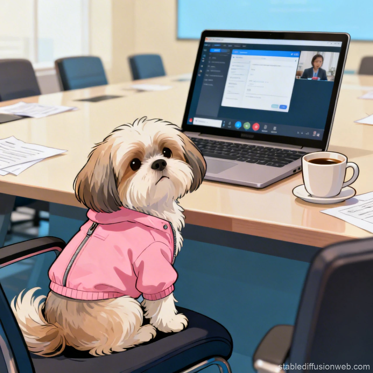 Shih Tzu in Pink Jacket Sitting at Office Desk