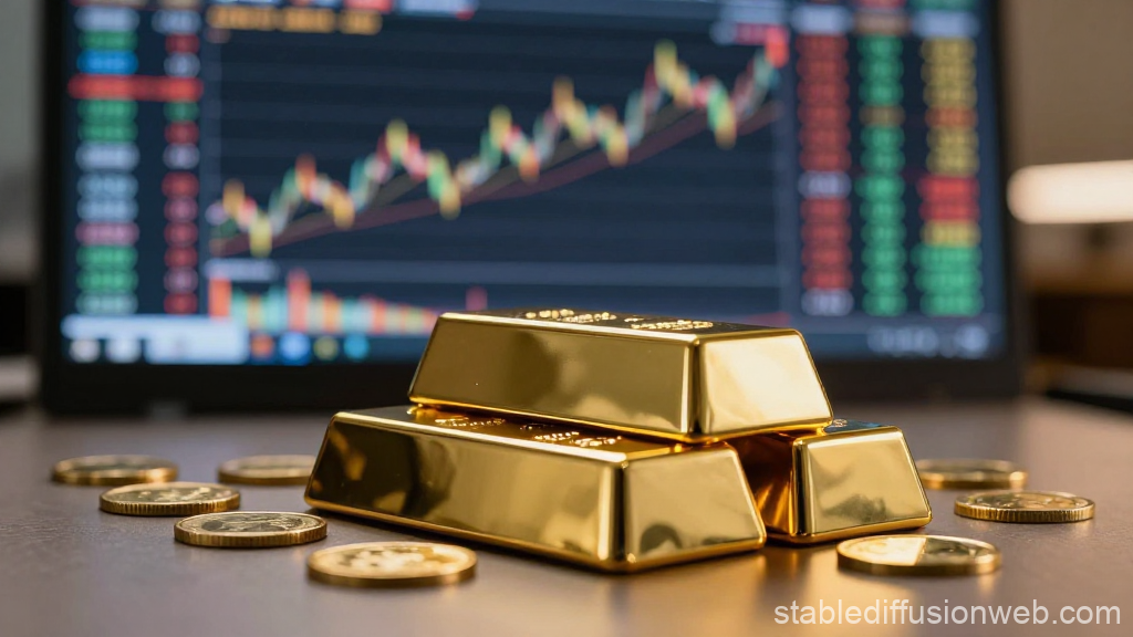 Shiny Gold Bars and Coins with Stock Market Chart Background