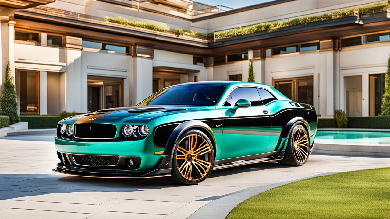 Shiny Green Dodge Challenger with Gold Rims in Luxury Setting