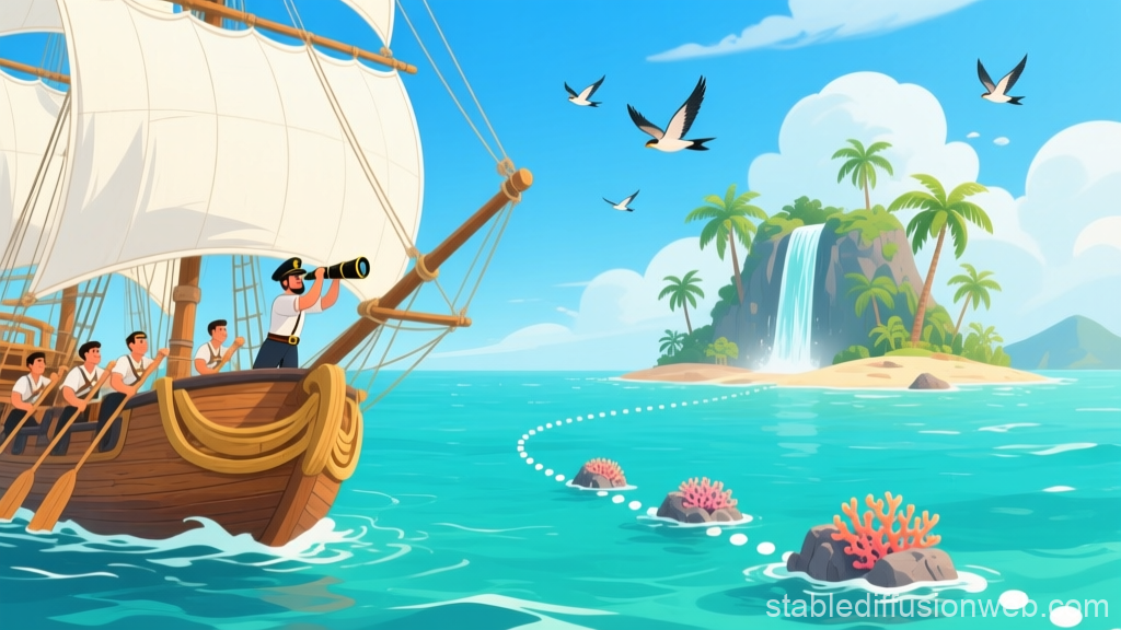 Ship Navigating Coral Reefs Towards Tropical Island