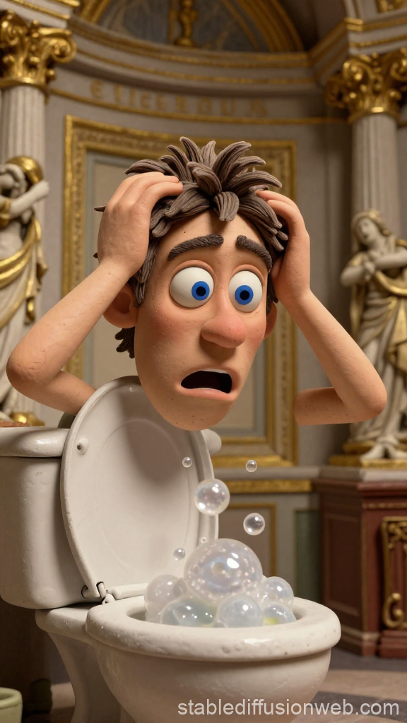 Shocked Cartoon Man Reacting to Bubbly Toilet Overflow