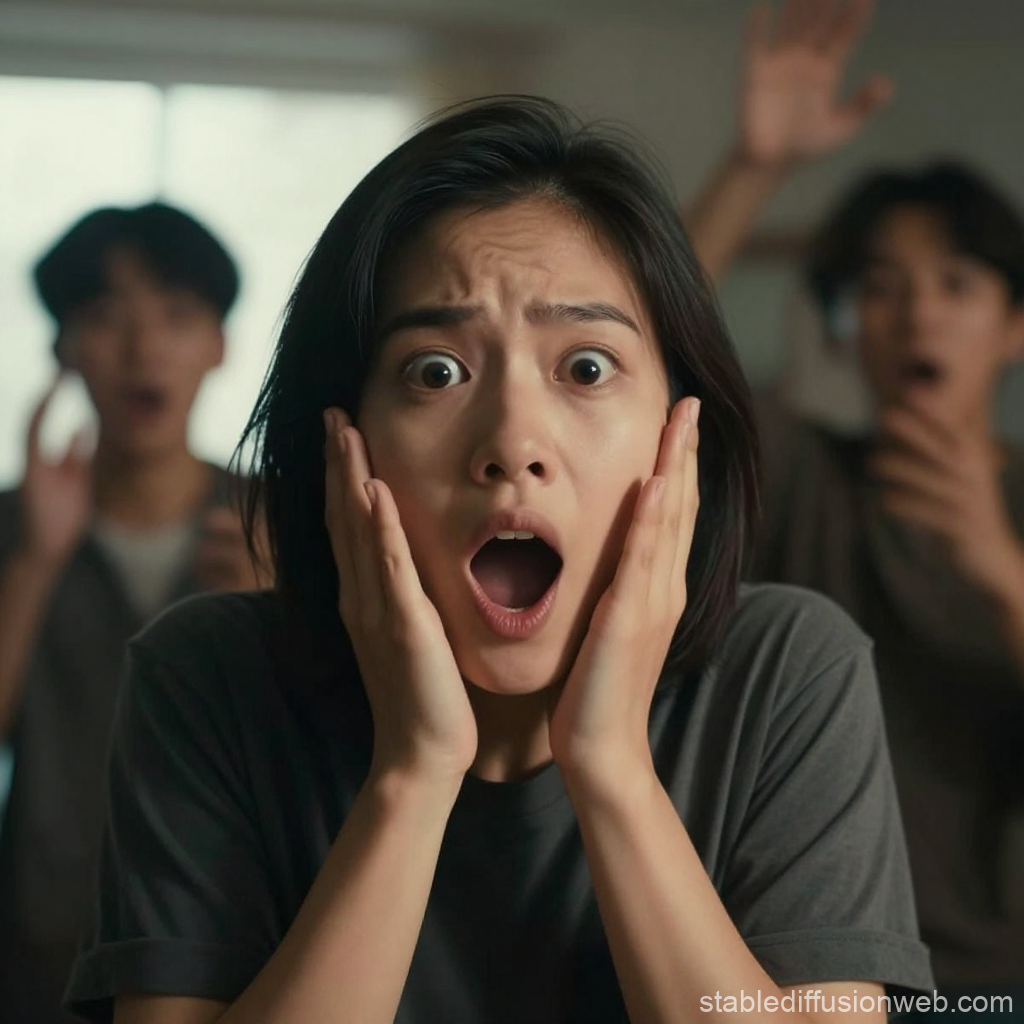 Shocked Woman with Surprised Friends in Background