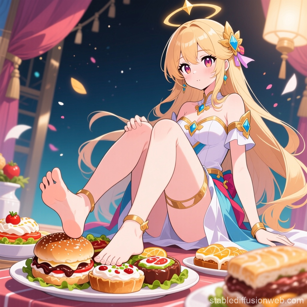 Shy Goddess Surrounded by Delicious Food