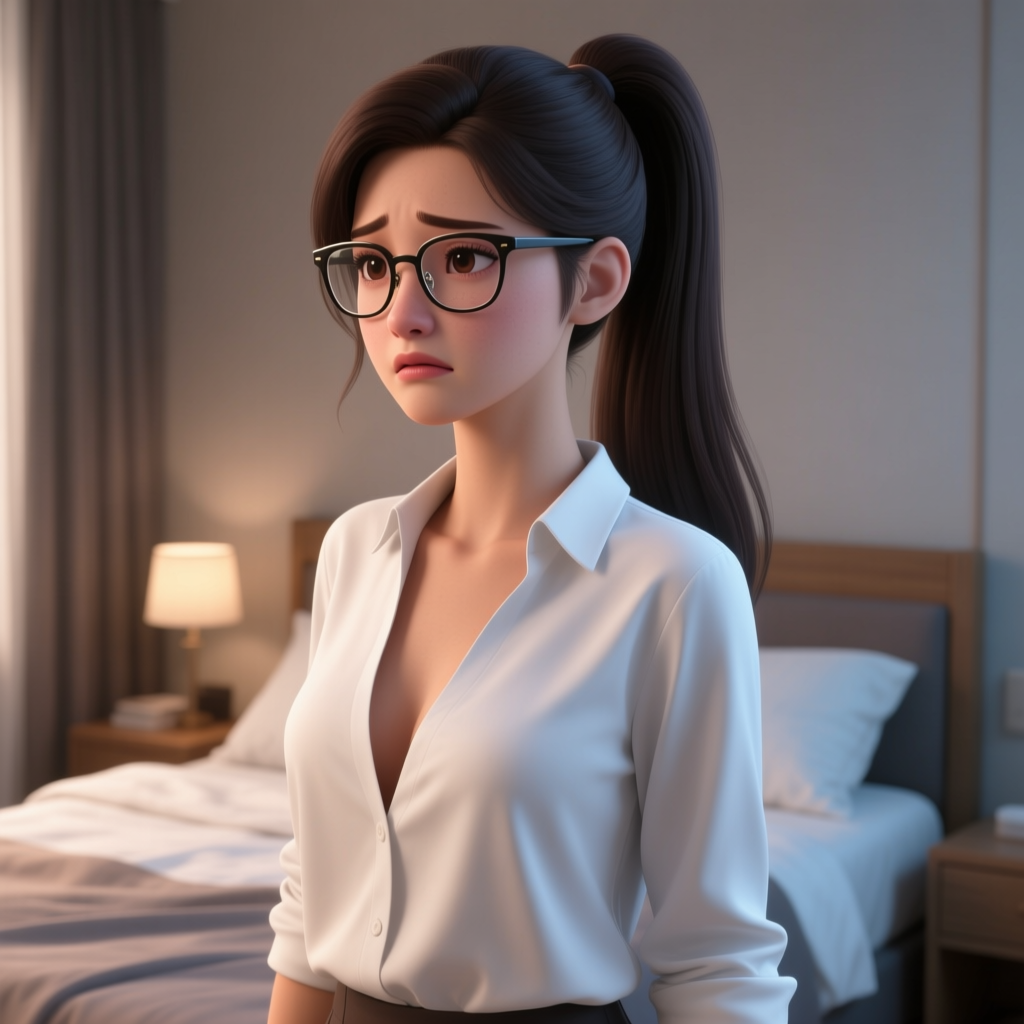 Shy Woman with Glasses in Cozy Bedroom
