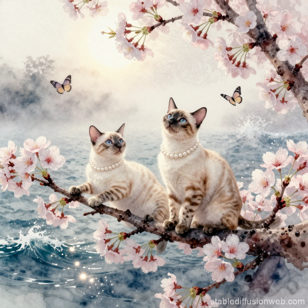 Siamese Cats with Pearls on Sakura Branch by the Sea