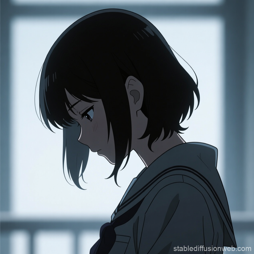 Silent Anime Girl Silhouette in Thoughtful Pose