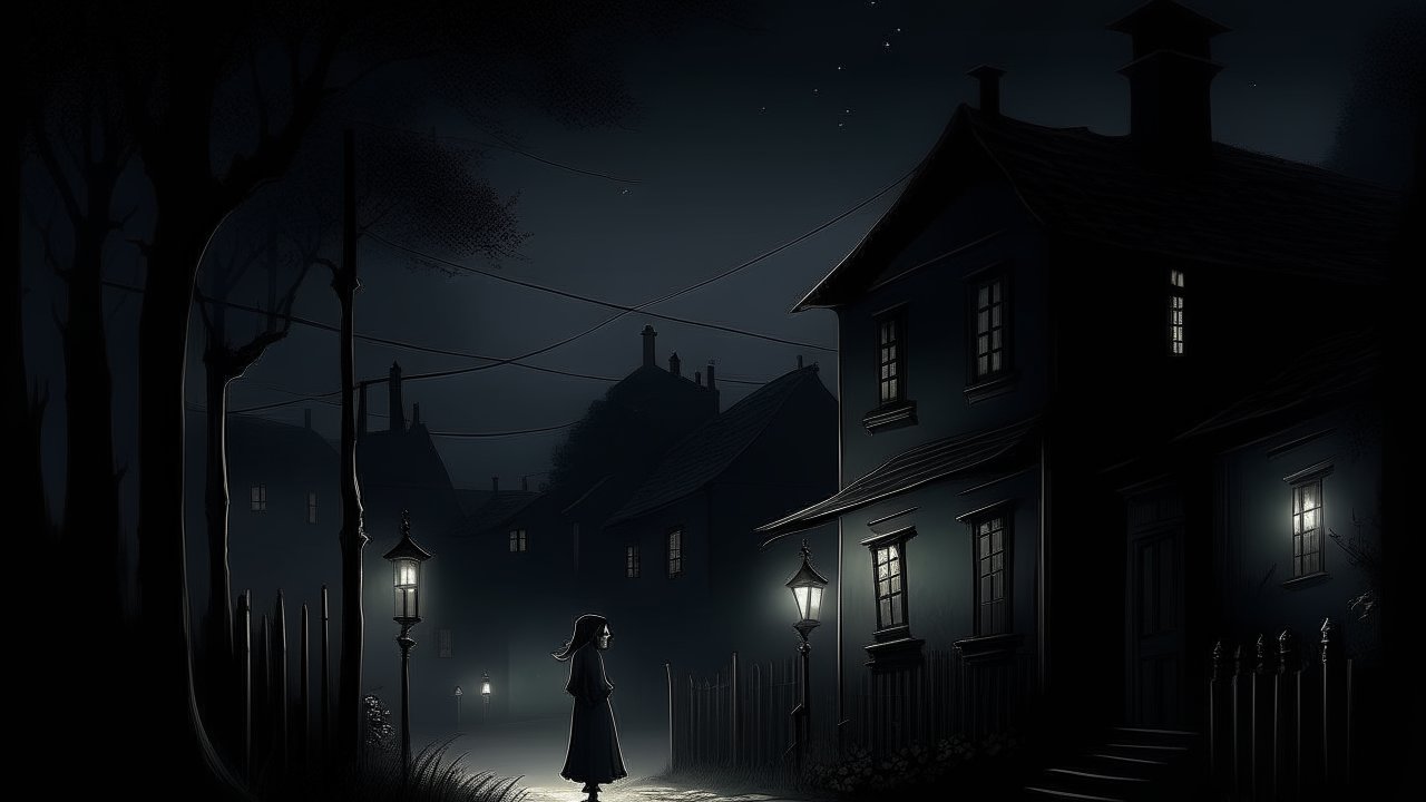 Silent Night Walk Through a Dimly Lit Village