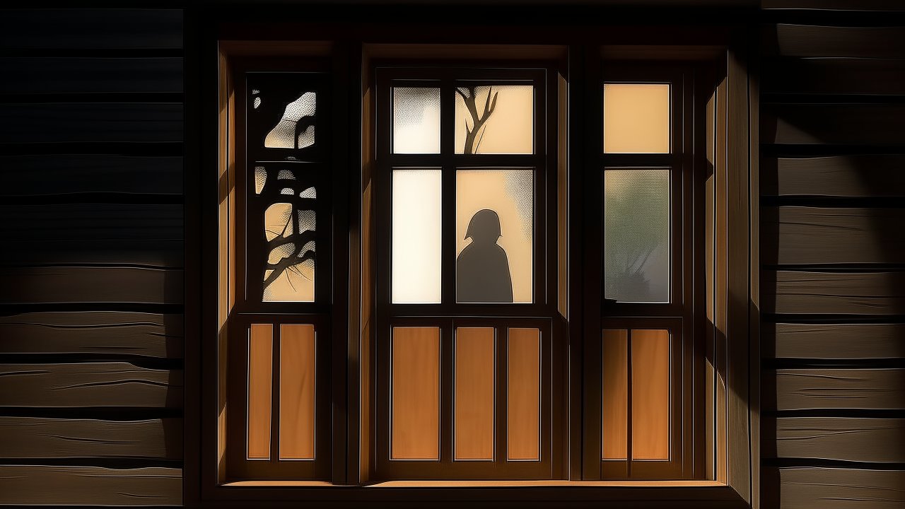 Silhouette Behind Cabin Window at Dusk