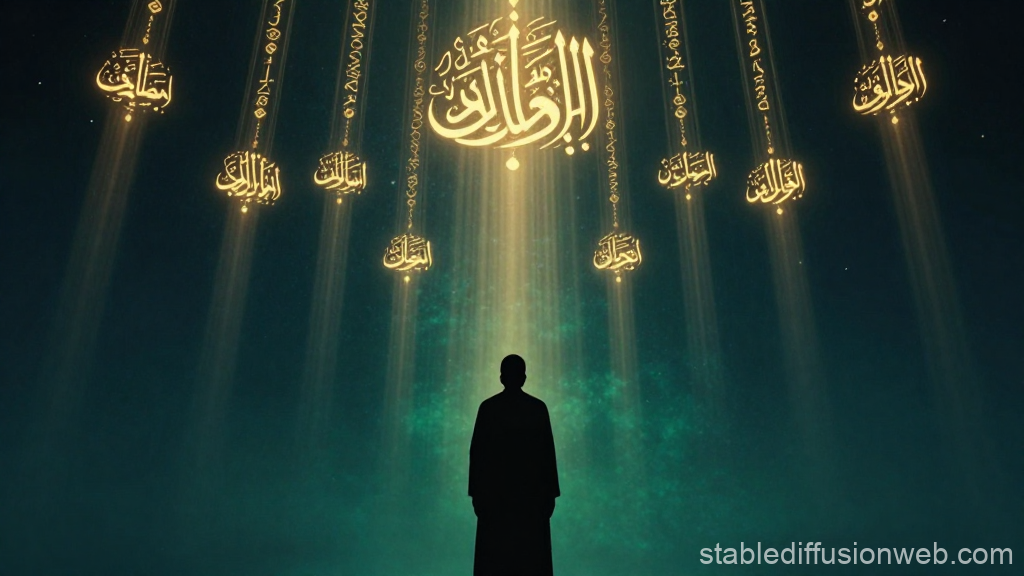 Silhouette Contemplating Divine Arabic Calligraphy in Heavenly Light