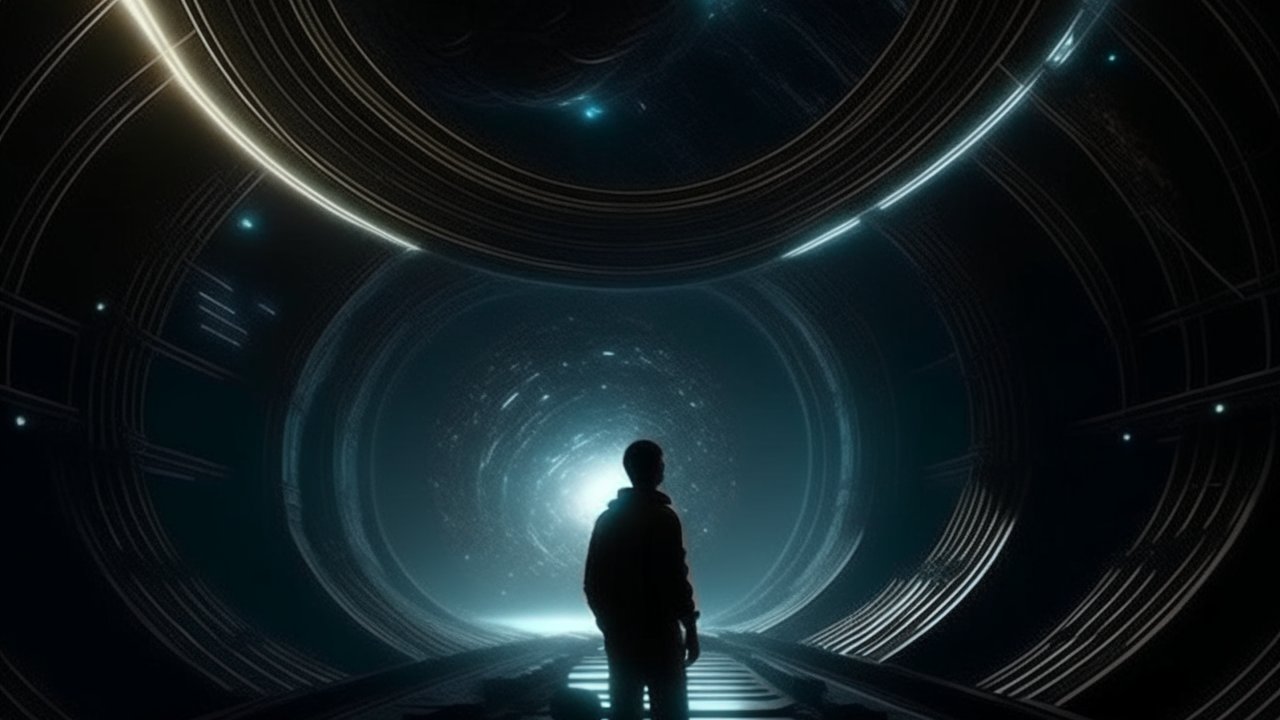 Silhouette Exploring Futuristic Tunnel with Glowing Portal