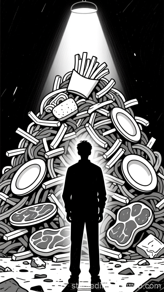 Silhouette Facing Tower of Food Under Spotlight