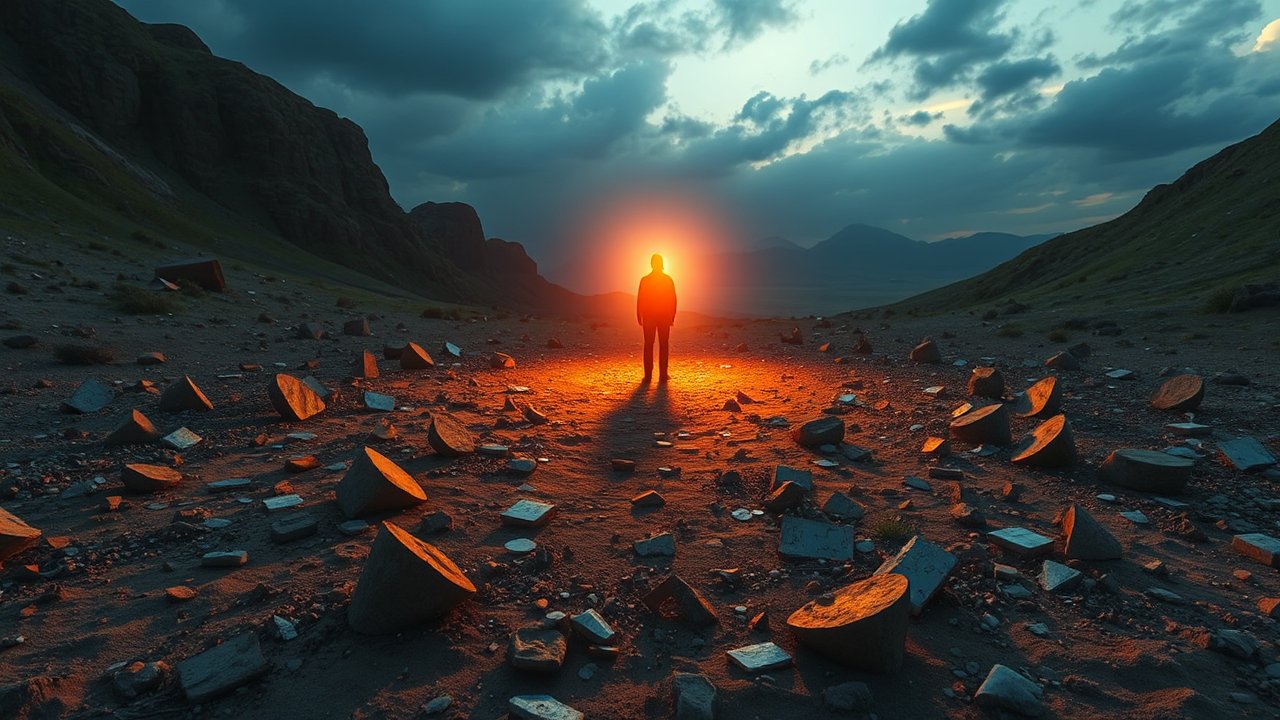 Silhouette Illuminated by Fiery Glow in Rocky Valley