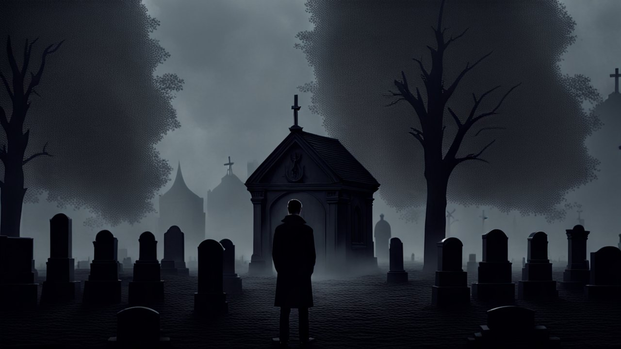 Silhouette in a Foggy Cemetery at Night