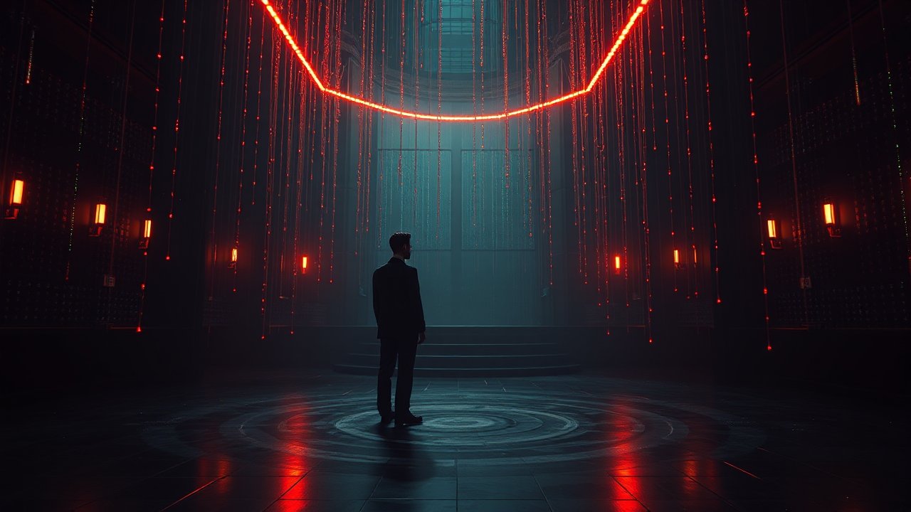 Silhouette in Futuristic Room with Red Neon Lights