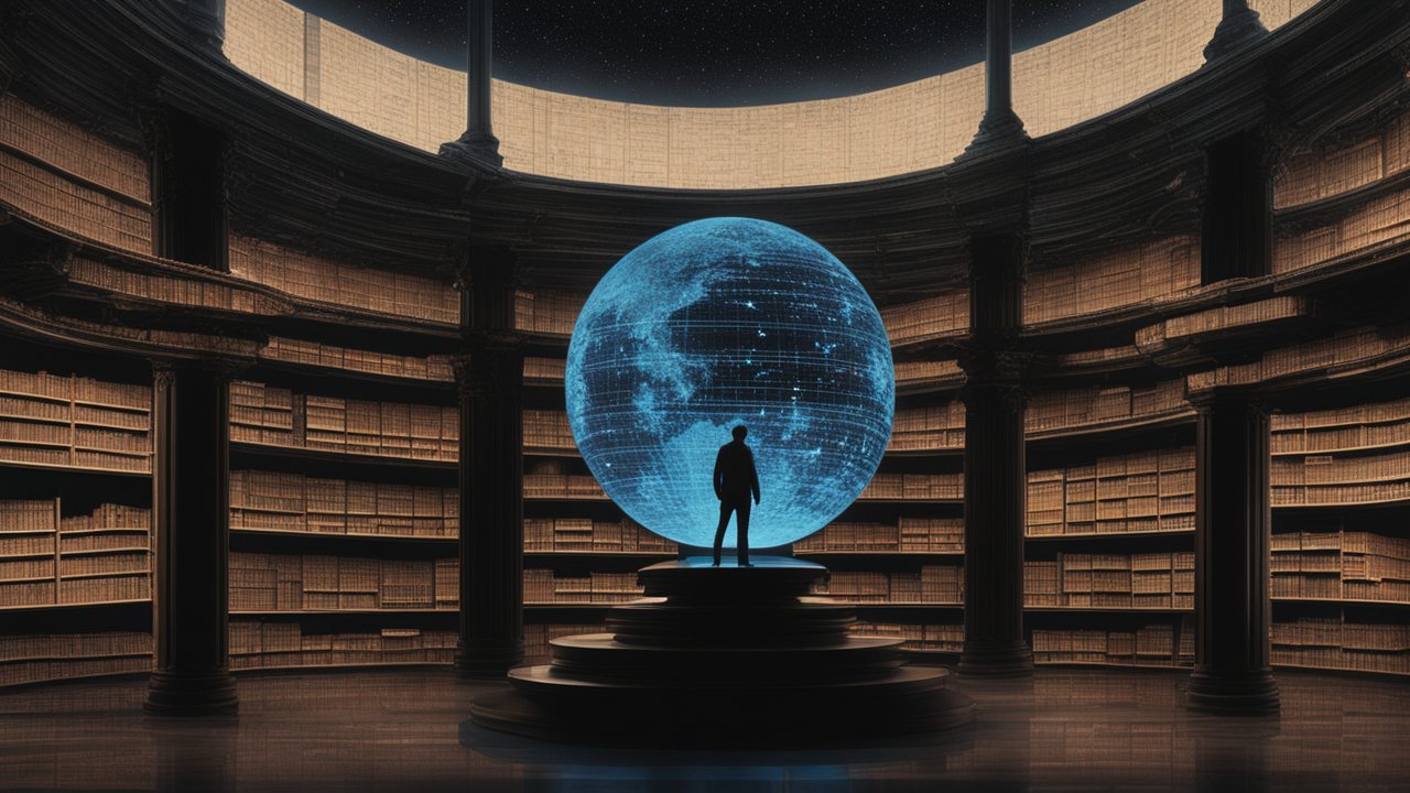 Silhouette in Grand Library with Holographic Globe