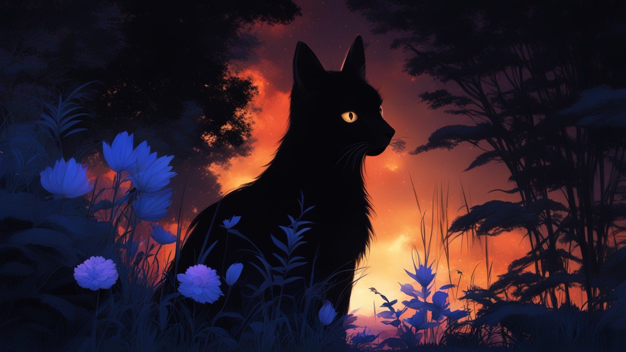 Silhouette of a Black Cat in a Mystical Twilight Garden