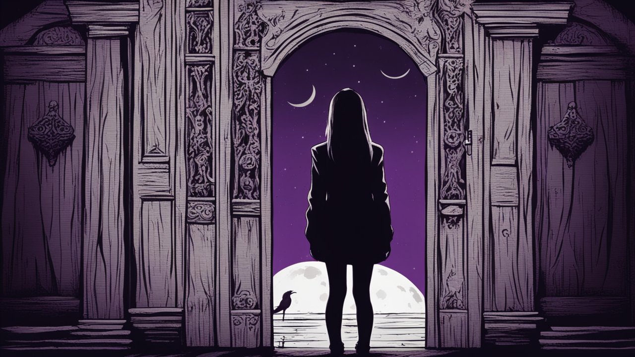 Silhouette of a Girl at an Ornate Doorway Under a Night Sky