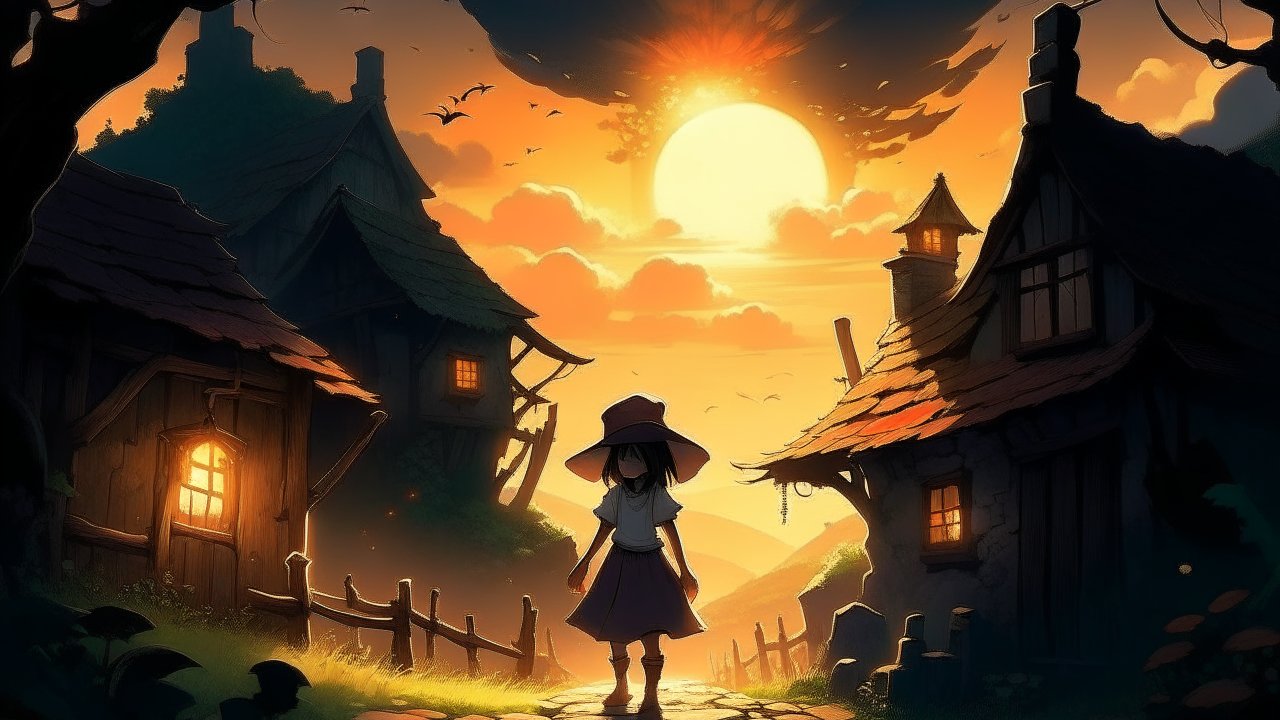 Silhouette of a Girl in a Village at Sunset
