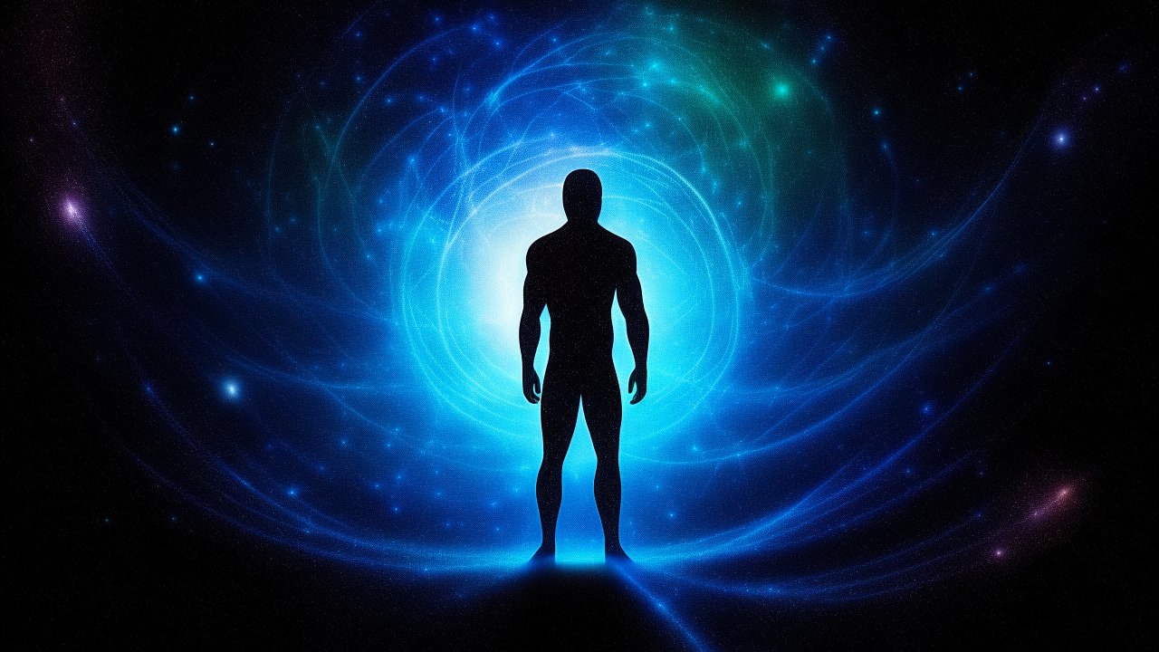 Silhouette of a Human Figure Against a Cosmic Blue Vortex