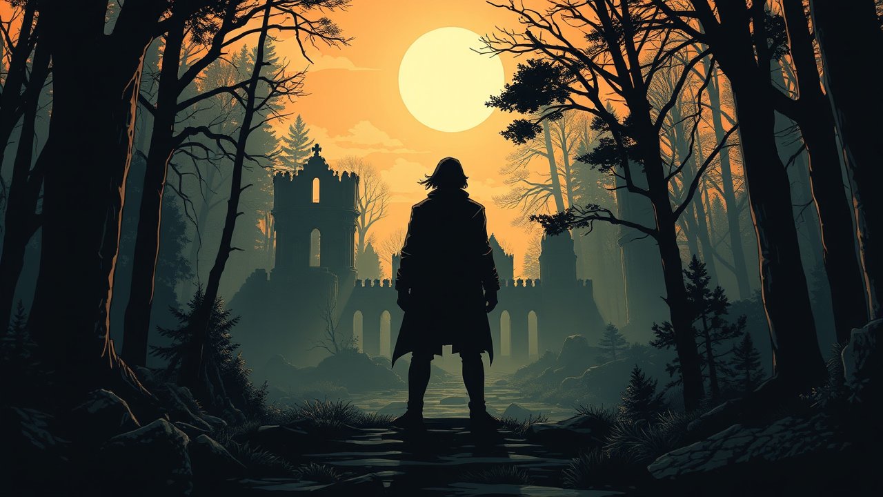 Silhouette of a Lone Figure Before a Ruined Castle at Sunset