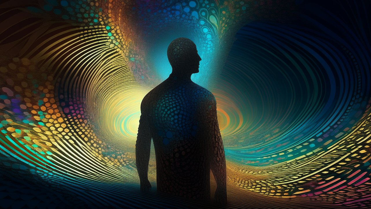 Silhouette of a Man Amidst Vibrant Abstract Patterns