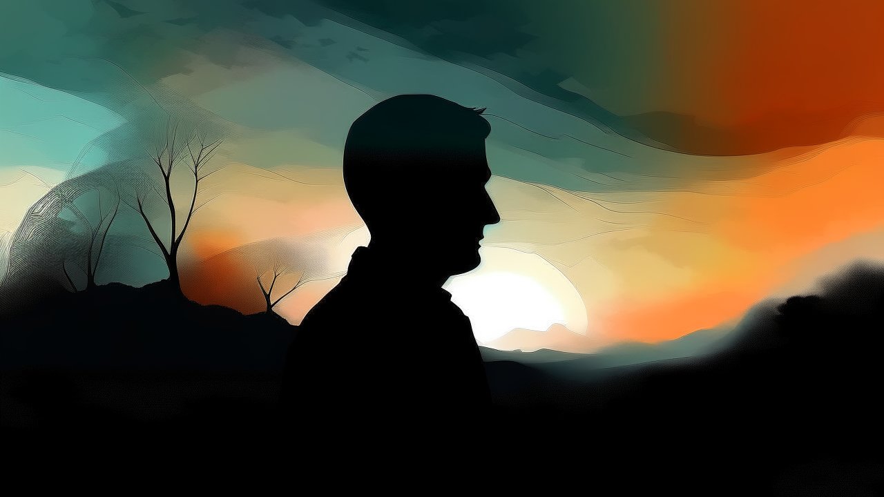 Silhouette of a Man at Sunset with Abstract Landscape