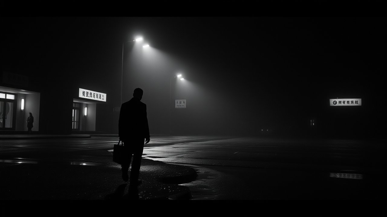 Silhouette of a Man Walking Alone on a Foggy Night