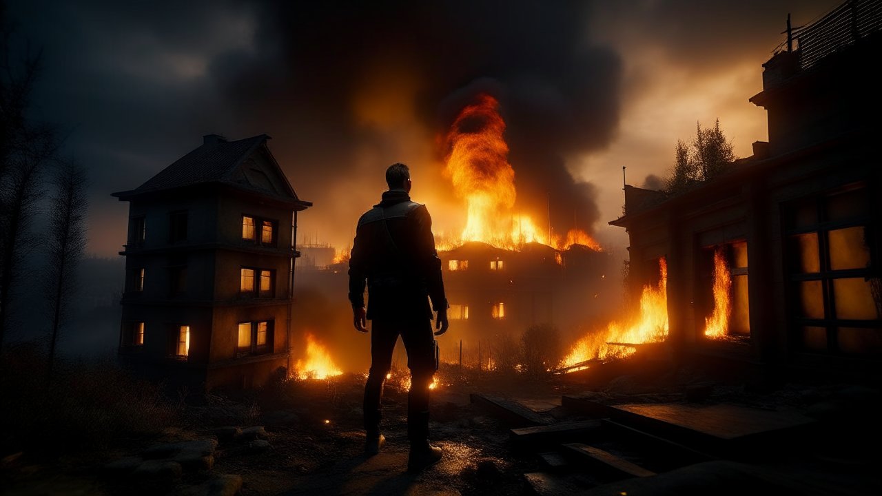 Silhouette of a Man Watching a Fiery Urban Inferno