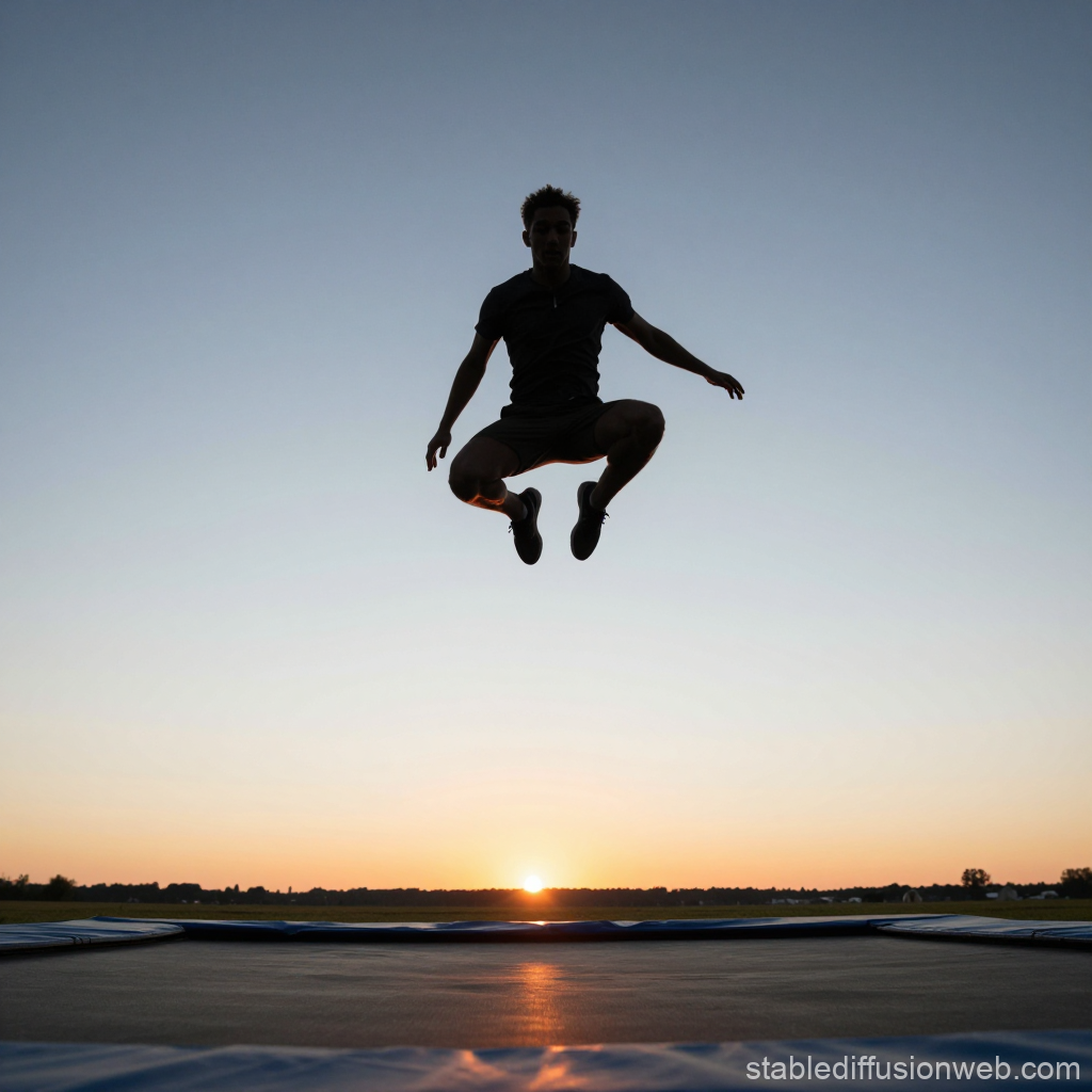 Silhouette of a Person Jumping on a Trampoline at Sunset