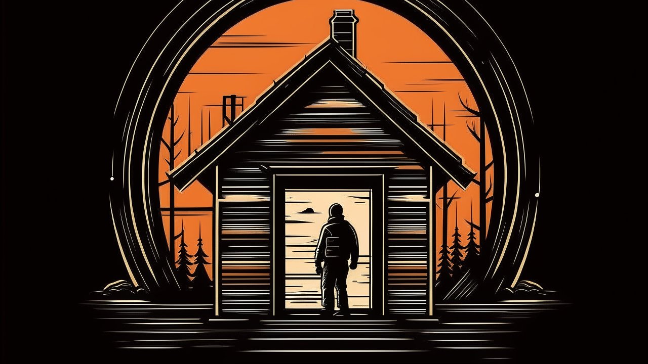 Silhouette of a Person Standing in a Cabin Doorway at Sunset