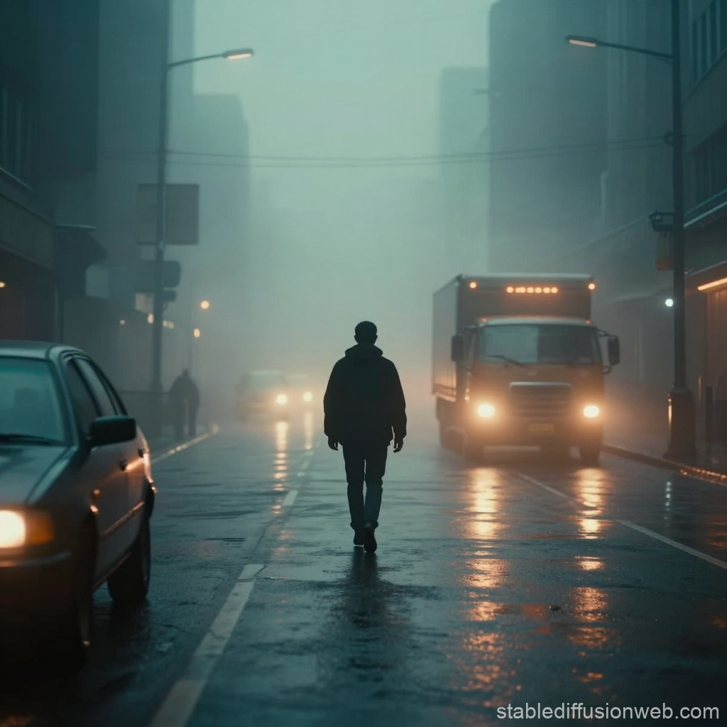 Silhouette of a Person Walking on a Foggy City Street at Night