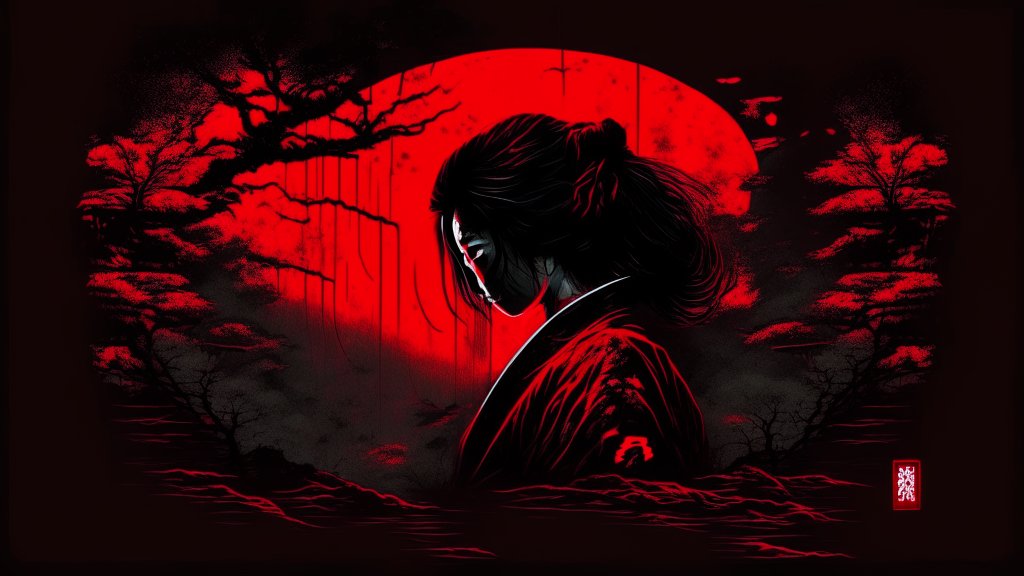 Silhouette of a Samurai Woman Against a Red Moon