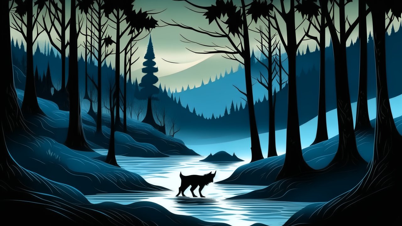 Silhouette of a Wolf in a Mystical Forest Stream