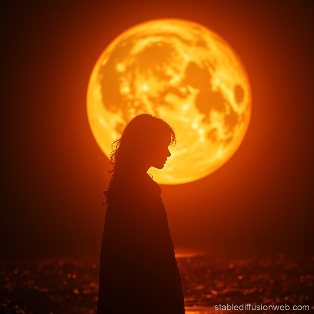 Silhouette of a Woman Against a Giant Orange Moon