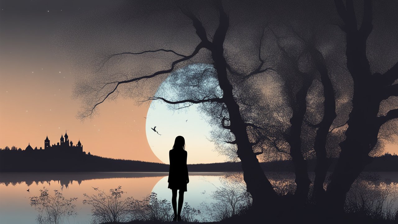 Silhouette of a Woman by a Lake with Castle and Full Moon