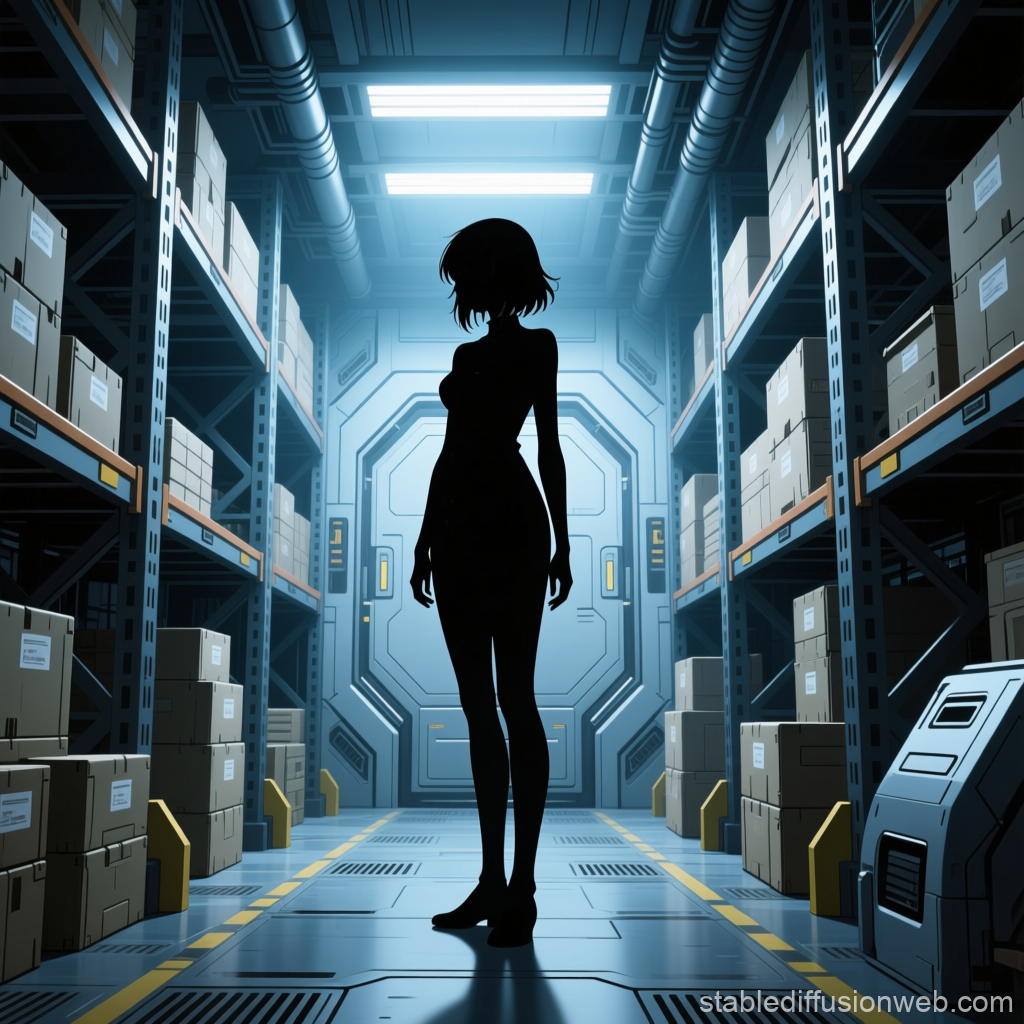 Silhouette of Anime Woman in Futuristic Storage Room