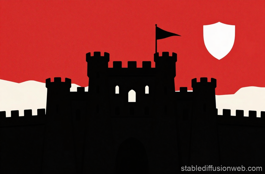 Silhouette of Black Fortress with Red Sky and Shield Emblem