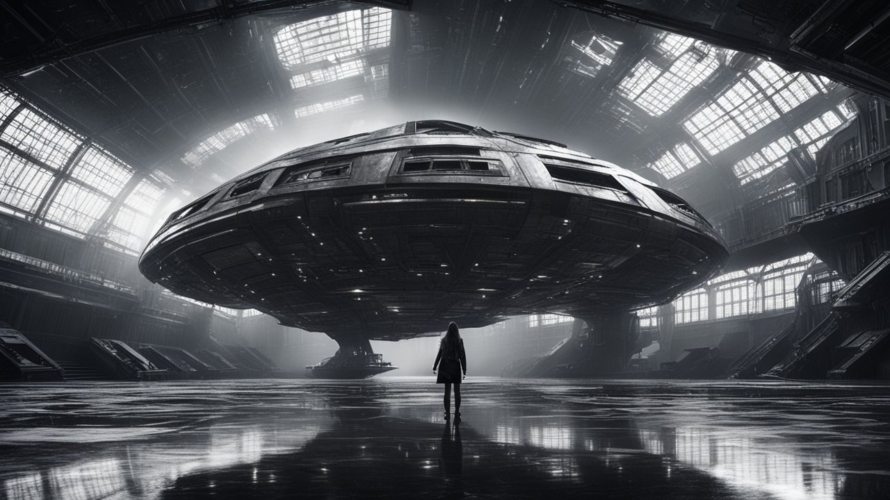 Silhouette of Girl Facing Massive Spaceship in Hangar