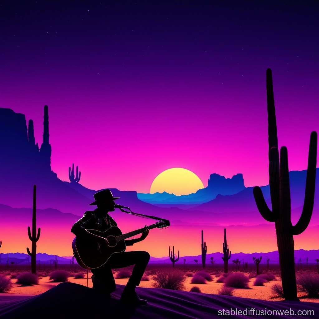 Silhouette of Guitarist at Vibrant Desert Sunset