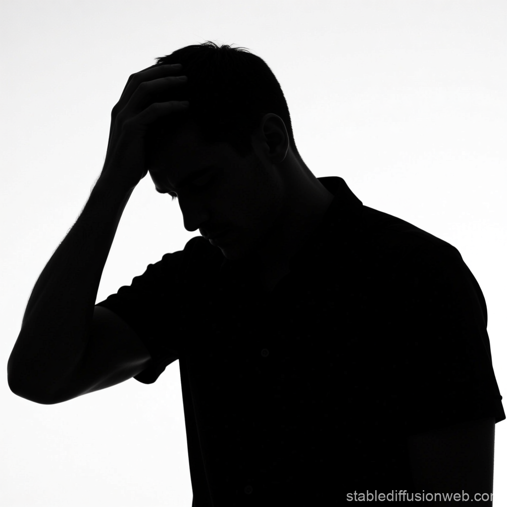 Silhouette of Man Holding Head in Thought