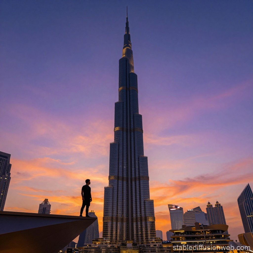 Silhouette of Man Standing Near Burj Khalifa at Sunset