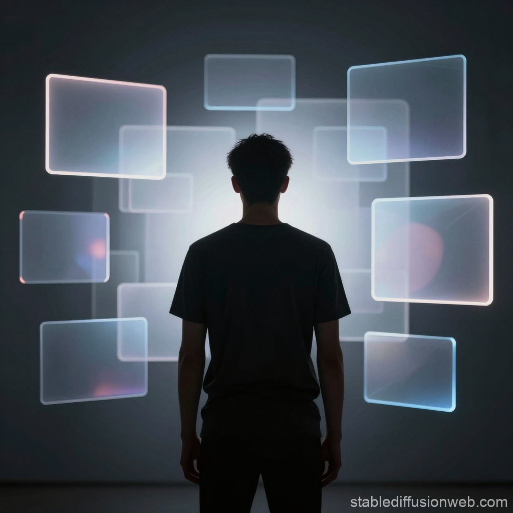 Silhouette of Person Interacting with Floating Digital Interfaces