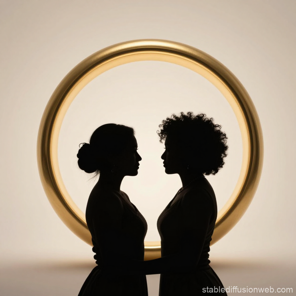 Silhouette of Two Women Embracing with Golden Ring Backdrop