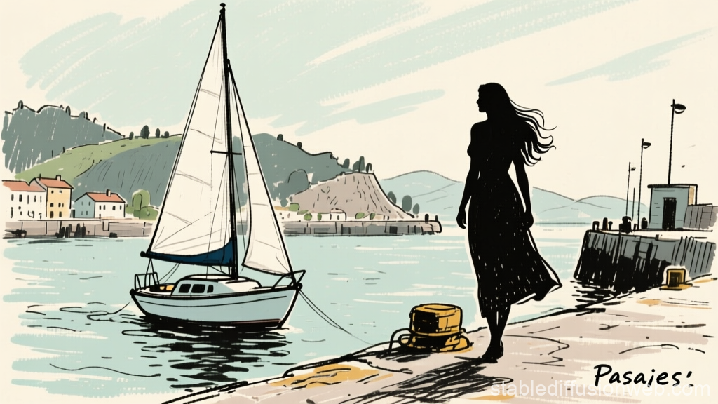 Silhouette of Woman by Sailboat in Harbor Sketch