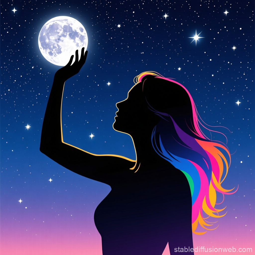 Silhouette of Woman Catching the Moon with Rainbow Hair