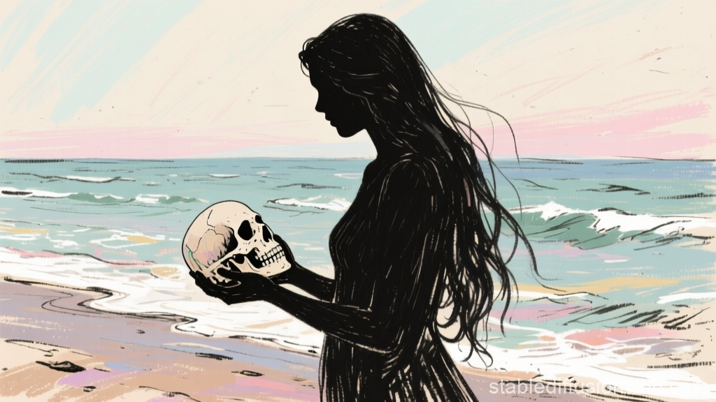 Silhouette of Woman Holding Skull by the Sea