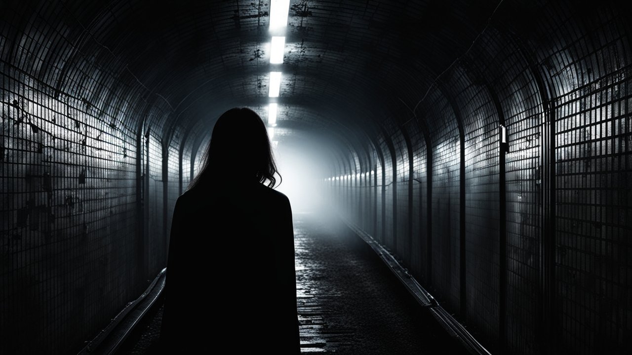 Silhouette of Woman in Dark Tunnel with Bright Light
