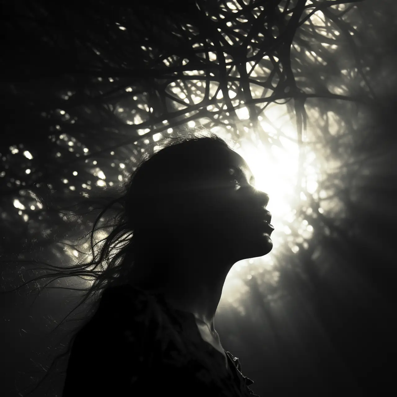 Silhouette of Woman in Enchanted Forest Light