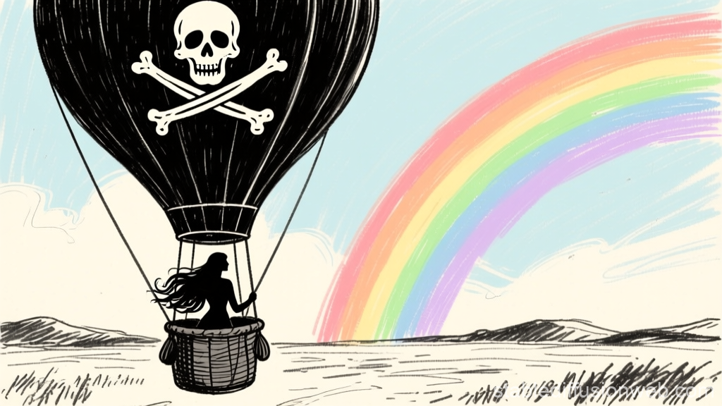 Silhouette of Woman in Pirate Hot Air Balloon with Rainbow