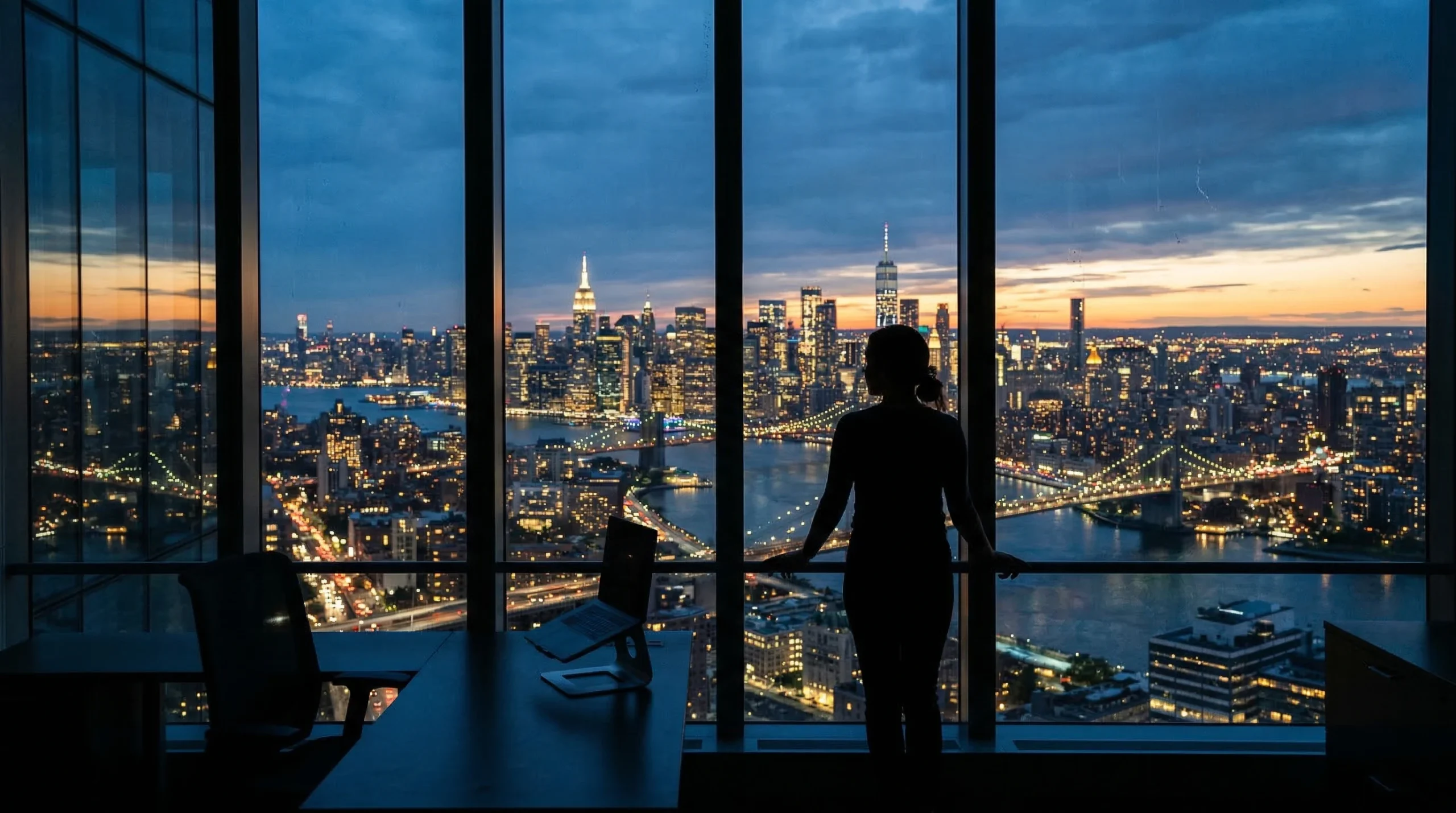 Silhouette of Woman Overlooking Cityscape at Dusk